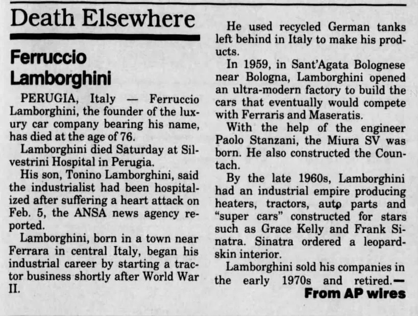 Artikel über den Tod von Ferruccio Lombarghini im Jahr 1993